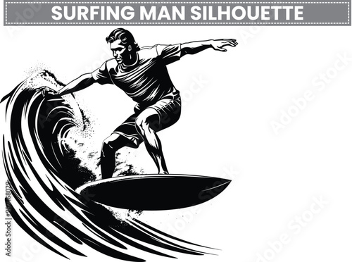 Surfer Silhouette, Sporty Surfer Man Riding Ocean Waves on a Surfboard  Vector Illustration. Embrace the thrill of surfing with surfboards, surfers, and ocean adventures.