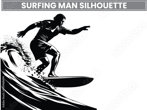 Surfer Silhouette, Sporty Surfer Man Riding Ocean Waves on a Surfboard  Vector Illustration. Embrace the thrill of surfing with surfboards, surfers, and ocean adventures.