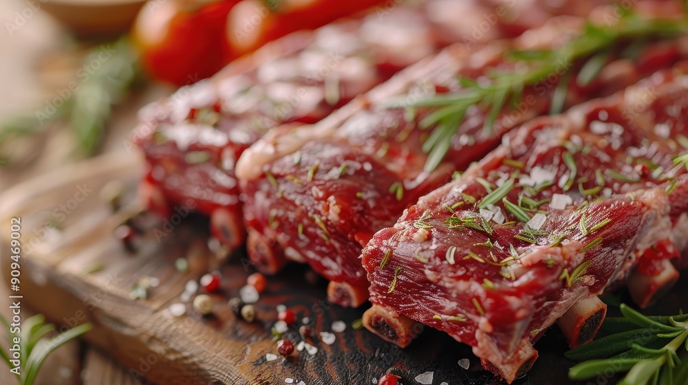 Fresh Raw Beef Ribs with Herbs and Spices on Wooden Cutting Board Ready for Cooking Fresh Raw Beef Ribs with Herbs and Spices on Wooden Cutting Board Ready for Cooking
