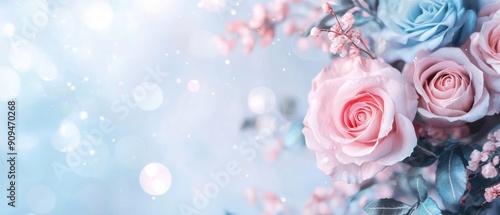 Dreamy soft vintage fantasy with ethereal pink and blue rose flowers, perfect for a spring nature wallpaper background