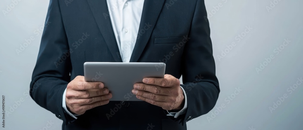 Confident businessman holding a tablet, blank background, Copy space, Modern business approach Confident businessman holding a tablet, blank background, Copy space, Modern business approach