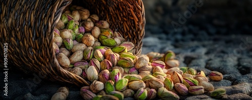 Basket of pistachios spilling on pebble pathway, rustic and natural food concept