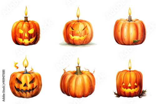 Six Carved Pumpkins with Candles as Halloween Decorations