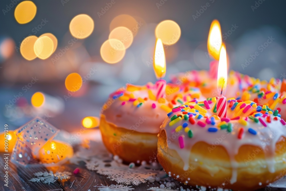 Delicious birthday donuts with lit candles are waiting on a table to be eaten at a party Delicious birthday donuts with lit candles are waiting on a table to be eaten at a party