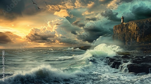A marine landscape background showcasing a dramatic coastline with rugged cliffs, crashing waves, and a lighthouse standing sentinel against the backdrop of a stormy sky, capturing the raw power and
