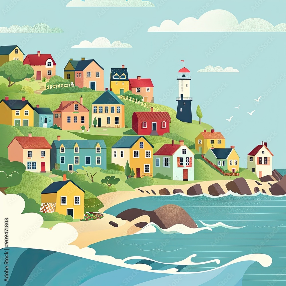 Coastal Town with Lighthouse and Blue Waves Coastal Town with Lighthouse and Blue Waves