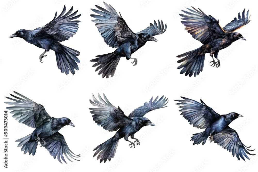 Obraz premium Six Watercolor Crows in Flight Against a Black Background