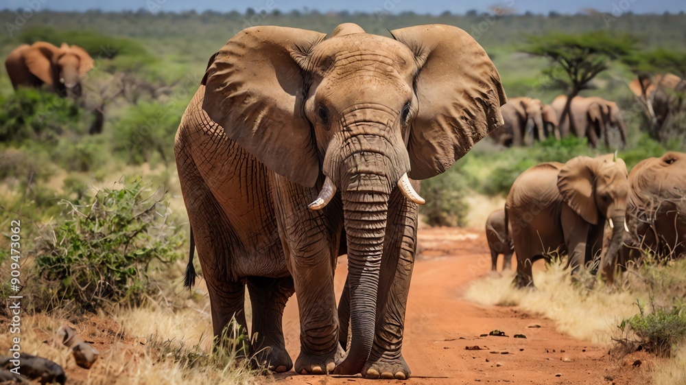 Fototapeta premium A dusty path in a grassy field. The elephant in the foreground has large ears and tusks.