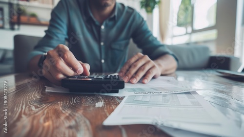 Homeowner calculating debt and mortgage payments. photo