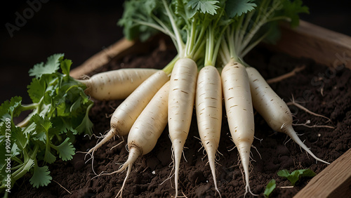 Daikon radishes laying on the dirt photo