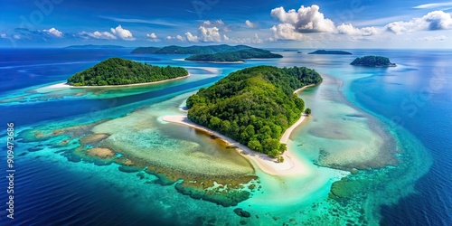 Aerial view of two tropical islands connected by a sandy bar in Andaman and Nicobar Islands, Asia , Andaman, Nicobar