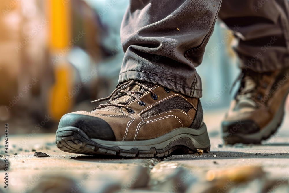 Closeup of a construction worker wearing brown boots walking on a construction site Closeup of a construction worker wearing brown boots walking on a construction site