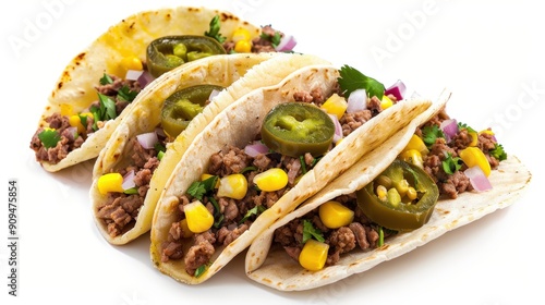 Three Mexican Tacos Brimming with Savory Minced Beef, Jalapenos, Onions, Pickles, and Corn 