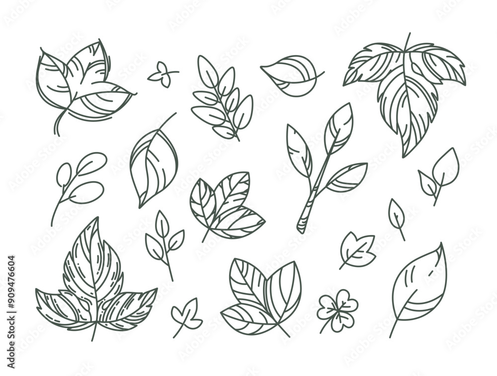 Vector many hand drawn contour leaves icons. Editable outline. Pencil paint plant element. Cartoon nature sketch. Line art for organic cosmetic packaging design, kids textile, fall event advertising Vector many hand drawn contour leaves icons. Editable outline. Pencil paint plant element. Cartoon nature sketch. Line art for organic cosmetic packaging design, kids textile, fall event advertising