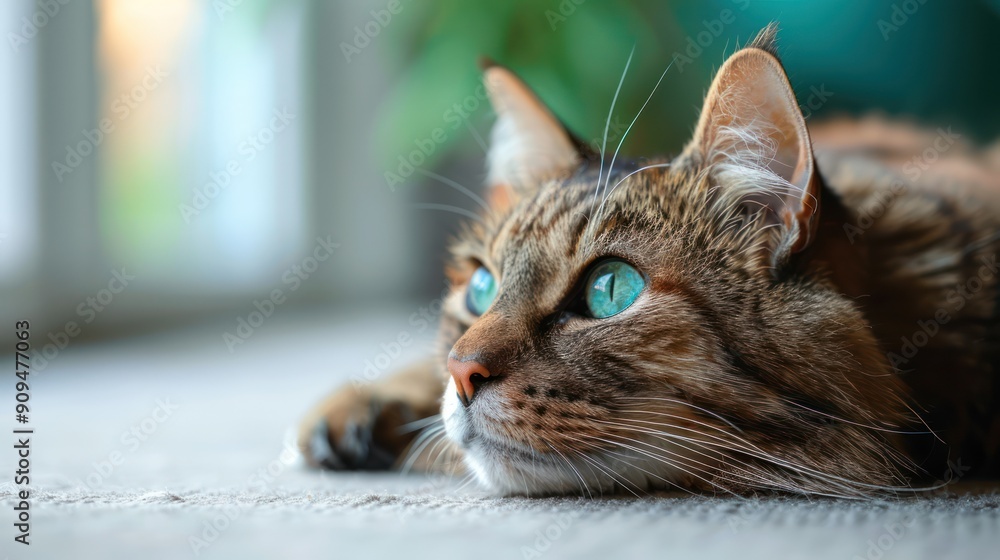 Naklejka premium A Close Up Portrait of a Tabby Cat with Striking Green Eyes