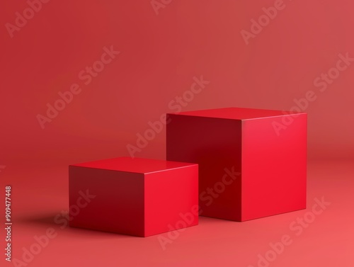 Two red minimal cube pedestals with blank space on a background for product displays - ai
