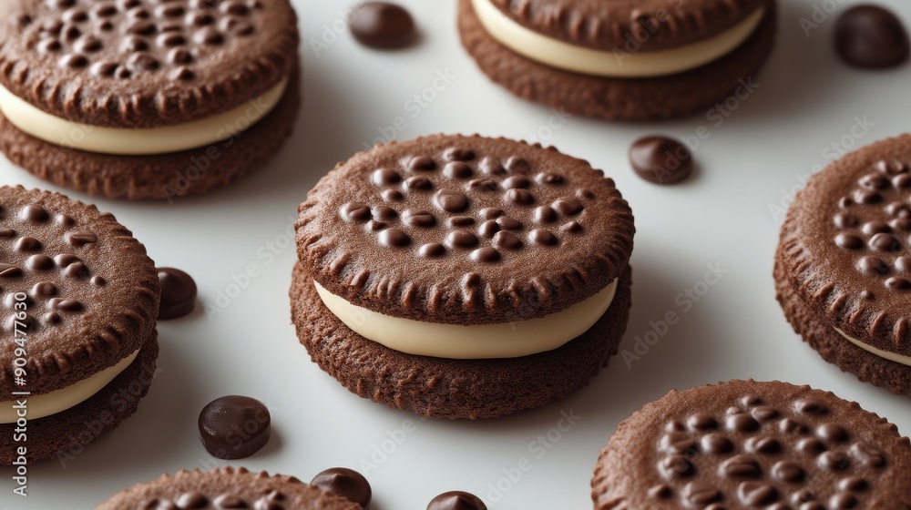 Chocolate sandwich cookies with vanilla cream filling on white background. Dessert and snack concept Chocolate sandwich cookies with vanilla cream filling on white background. Dessert and snack concept