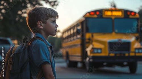 Young boy waits to load school bus