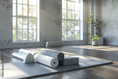 Yoga mats and blocks on a wooden floor in a bright room.