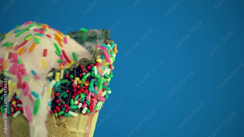 A colorful ice cream cone with sprinkles on top. The sprinkles are in ...