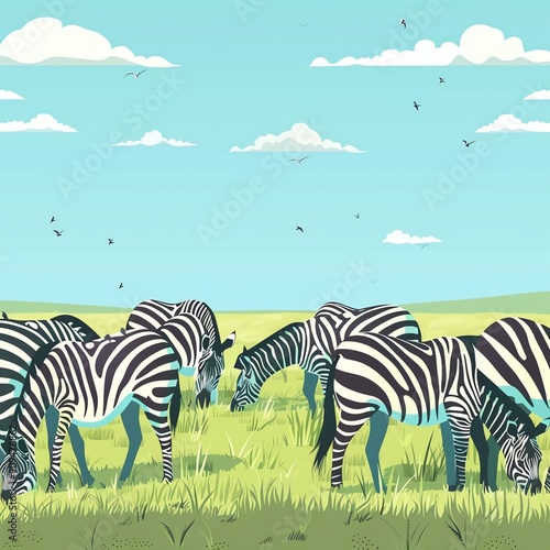 A herd of zebras grazes peacefully in the African savanna photo