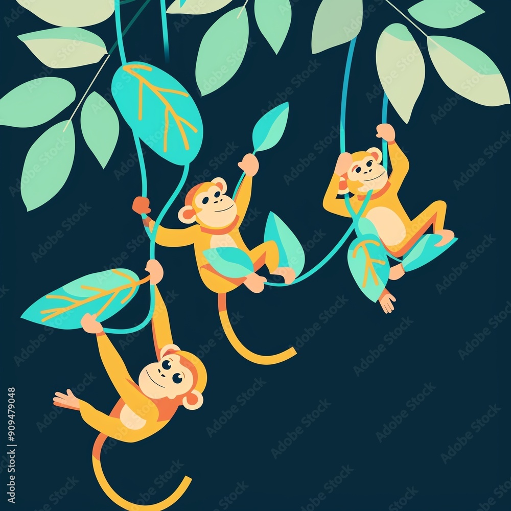 Naklejka premium Three monkeys hanging from vines in a jungle. The monkeys are all different colors and sizes. The background is a dark blue night sky with green leaves.