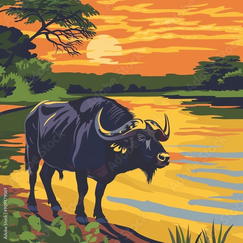 Create a illustration of an African buffalo standing near a river. The background should be a sunset in the savanna. The style should be similar to WPA-era travel posters. photo