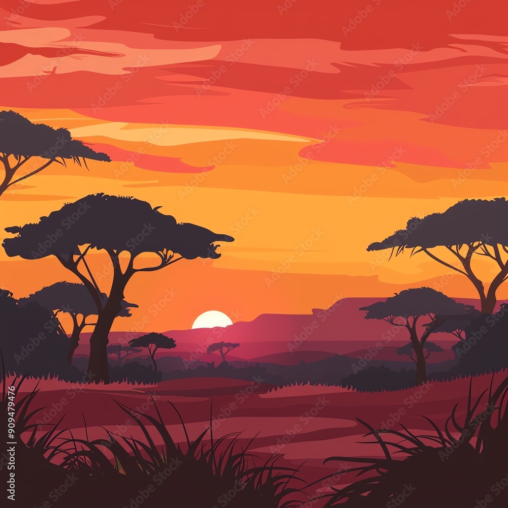 A beautiful African sunset. The warm colors of the sky and the silhouettes of the trees create a peaceful and serene scene. A beautiful African sunset. The warm colors of the sky and the silhouettes of the trees create a peaceful and serene scene.