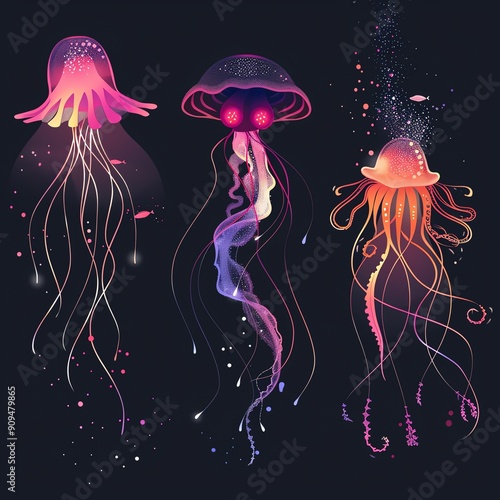 A beautiful illustration of three jellyfish. The jellyfish are all different colors and shapes. They are all glowing in the dark water. photo