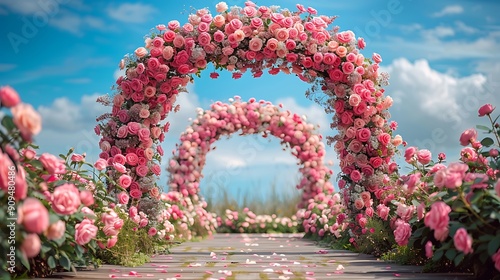 Floral Wedding Arch with Pink Roses Outdoor Ceremony Décor Against Blue Sky Adding Elegance to Special Events