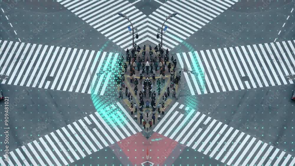 A busy city street with a large crowd of people crossing the street ...