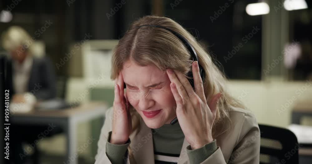 Woman, call center and tired headache at night, burnout and technical support at helpdesk. Female person, late shift and operator for customer service, tension migraine and frustrated for 404 error Woman, call center and tired headache at night, burnout and technical support at helpdesk. Female person, late shift and operator for customer service, tension migraine and frustrated for 404 error