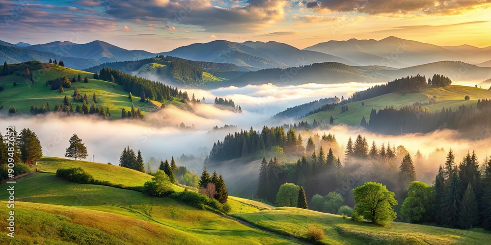 Enchanting summer landscape of Carpathian Mountains in mist , Carpathian, mountains, mist, clouds, summer, picturesque Enchanting summer landscape of Carpathian Mountains in mist , Carpathian, mountains, mist, clouds, summer, picturesque