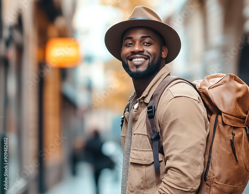 Happy young African black man tourist with backpack standing on street.