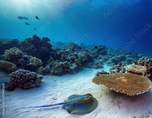 Underwater scenery of coral reefs with bluespotted stingray on the sandy bottom  photo