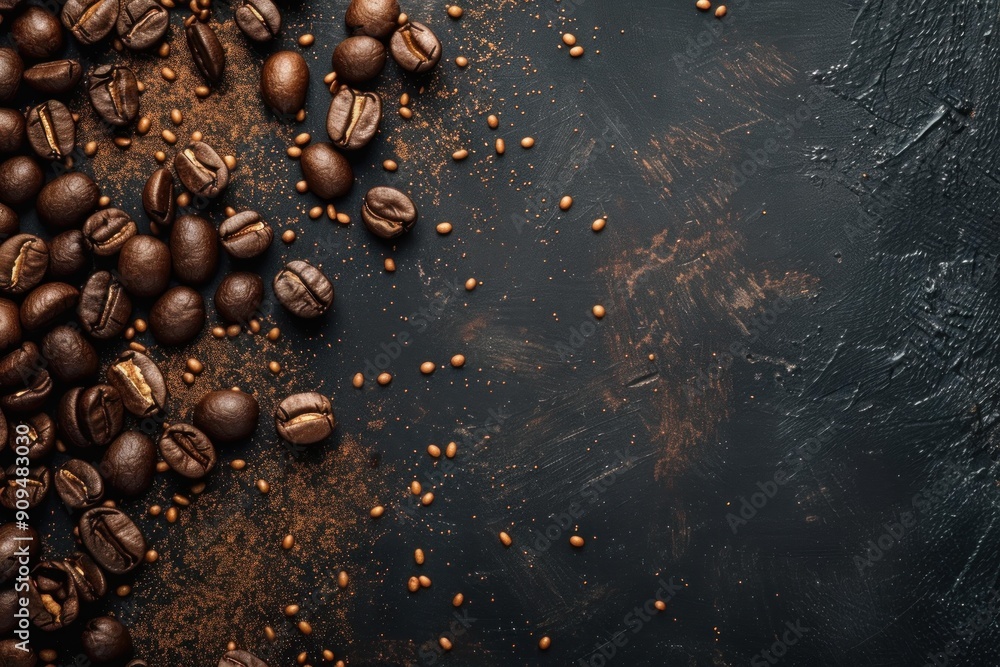 Roasted coffee beans and coffee powder forming a textured background, perfect for coffee themed designs Roasted coffee beans and coffee powder forming a textured background, perfect for coffee themed designs