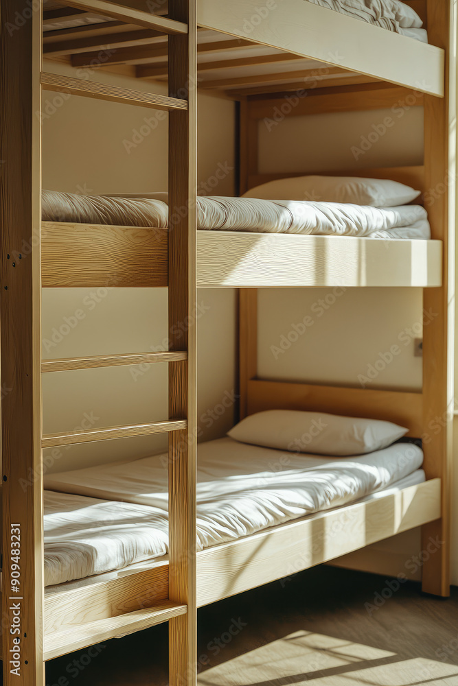Simple empty bunk beds in sunny room. Shared bunk bed dormitory room, hostel accommodation interior. 