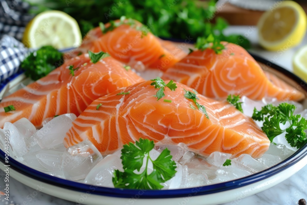Fresh raw salmon fillet on ice with lemon and parsley Fresh raw salmon fillet on ice with lemon and parsley
