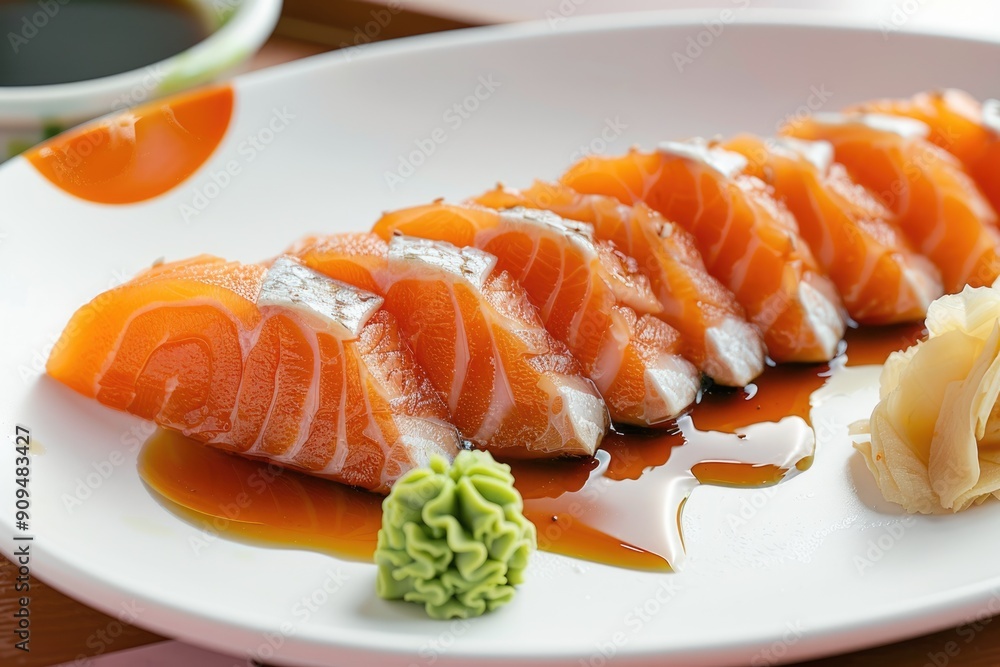 Salmon sashimi with soy sauce and wasabi on a white plate Salmon sashimi with soy sauce and wasabi on a white plate