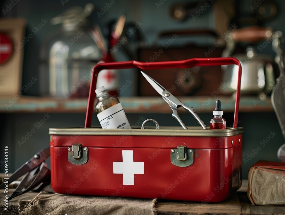 Naklejka premium An red first aid kit with scissors and other medical supplies - ai
