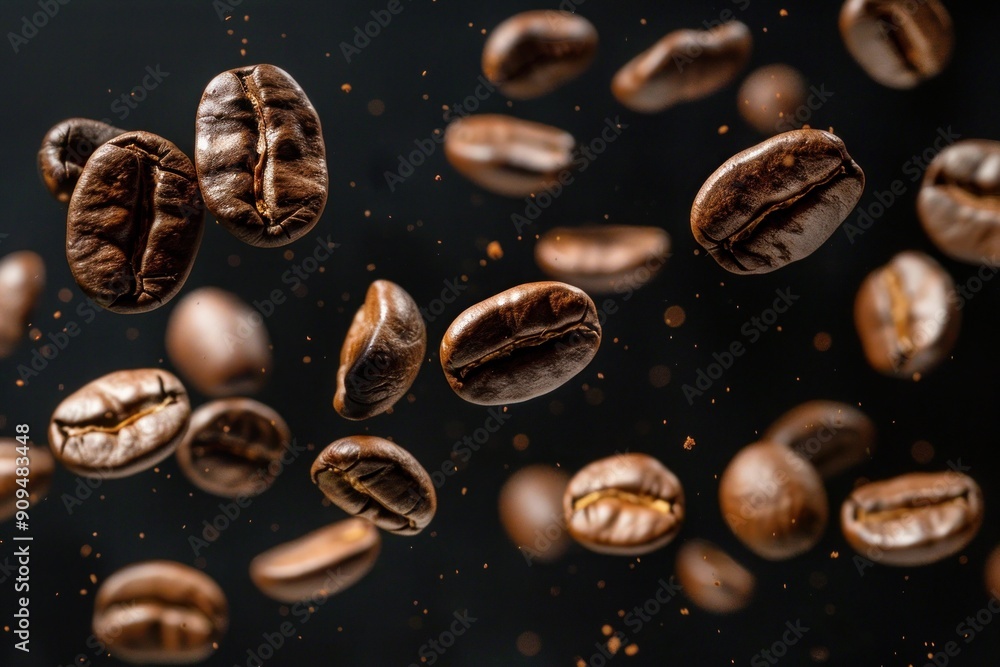Roasted coffee beans falling down with powder on black background Roasted coffee beans falling down with powder on black background