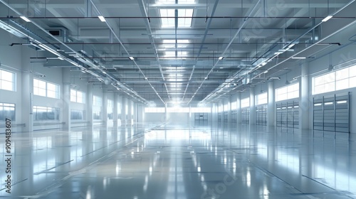 A modern  empty warehouse featuring clean surfaces and advanced infrastructure  bathed in clear  bright light. The space is ready for high-tech operations.