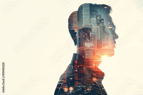 Double exposure image featuring a businessman and a digital futuristic background, with clear copy space. The design symbolizes technological advancement and business acumen. photo