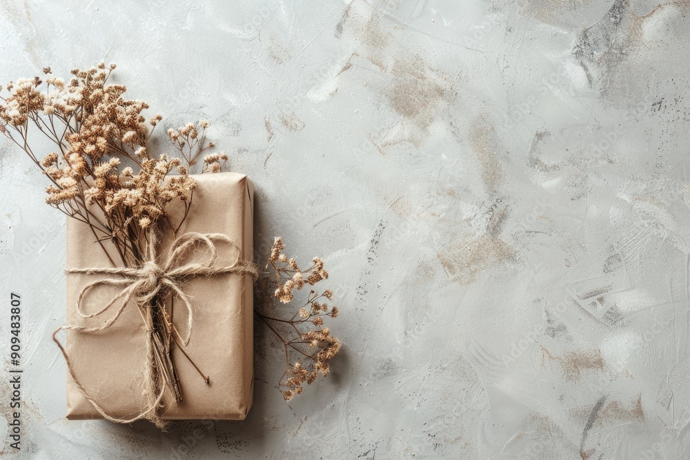 Clean and simple flat lay of gift box with dried flowers, offering lots of copy space Clean and simple flat lay of gift box with dried flowers, offering lots of copy space