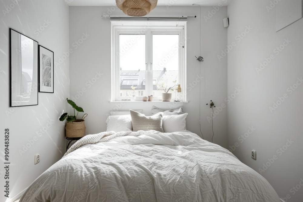 Fototapeta premium Simple white bedroom with cozy accents and minimal decor