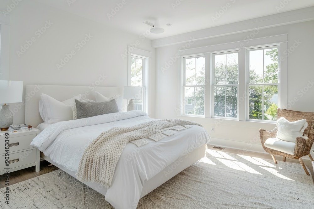 Fototapeta premium Bright and airy white bedroom with a cozy ambiance and minimal design