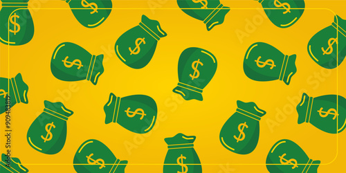 yellow background seamless pattern with green dollar money bag icon. template design for banner, poster, brochure, social media.
