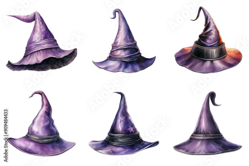 Six Purple Witch Hats with Different Details and Styles photo