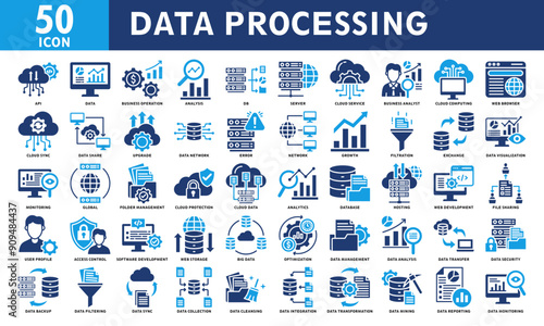 Data processing icon collection set. Simple color fill vector.