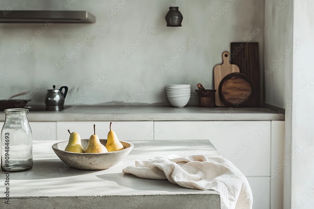 A concrete kitchen tabletop with empty space for product display, a linen napkin, a bowl of pears, and a glass jar in a modern white kitchen A concrete kitchen tabletop with empty space for product display, a linen napkin, a bowl of pears, and a glass jar in a modern white kitchen